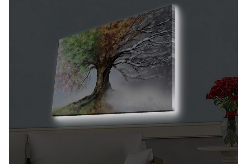 Lerretsbilde med LED-belysning - Trær med skiftende årstider i en harmonisk komposisjon - Grønn / Brun / Grå - Innredning - Bilder & kunst - Lerretsbilder
