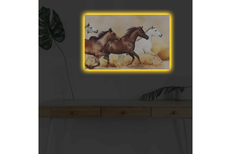 Lerretsbilde med LED-belysning - Tre hester i bevegelse over en sandoverflate - Brun / Hvit / Beige - Innredning - Bilder & kunst - Lerretsbilder