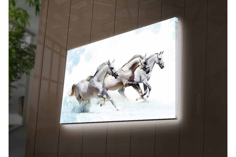 Lerretsbilde med LED-belysning - Tre hvite hester galopperer gjennom et snødekt landskap - Hvit / Lys grå / Blå - Innredning - Bilder & kunst - Lerretsbilder