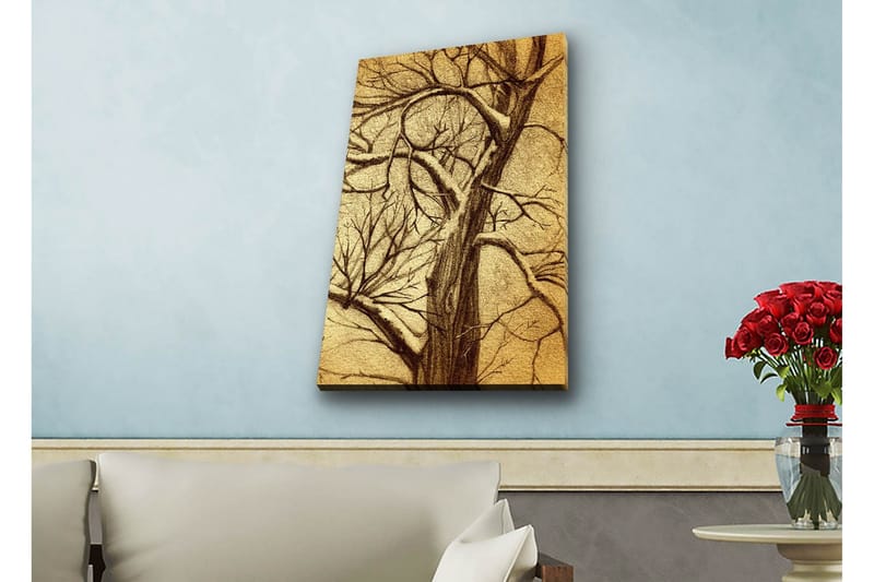 Lerretsbilde med LED-belysning - Tre med grener i en stilisert, gyllen komposisjon, Gull / Brun
