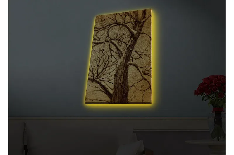 Lerretsbilde med LED-belysning - Tre med grener i en stilisert, gyllen komposisjon - Gull / Brun - Innredning - Bilder & kunst - Lerretsbilder