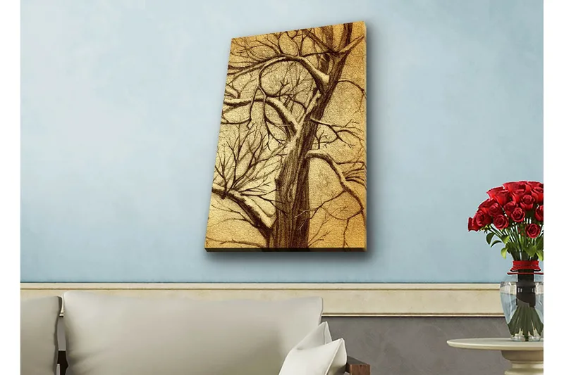 Lerretsbilde med LED-belysning - Tre med grener i en stilisert, gyllen komposisjon, Gull / Brun