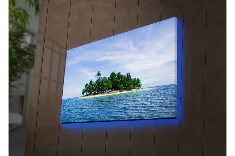 Lerretsbilde med LED-belysning - Tropisk øy med palmer omgitt av klart blått hav - Blå / Grønn / Beige - Innredning - Bilder & kunst - Lerretsbilder
