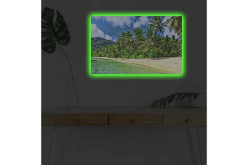 Lerretsbilde med LED-belysning - Tropisk strand med palmer og klart vann - Grønn / Blå / Sandfarget - Innredning - Bilder & kunst - Lerretsbilder