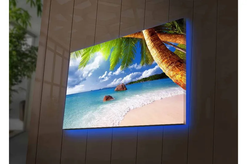 Lerretsbilde med LED-belysning - Tropisk strand med palmer og klart blått hav - Blå / Grønn / Beige - Innredning - Bilder & kunst - Lerretsbilder