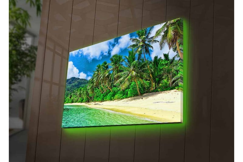 Lerretsbilde med LED-belysning - Tropisk strand med palmer og klart vann - Grønn / Blå / Sandfarget - Innredning - Bilder & kunst - Lerretsbilder