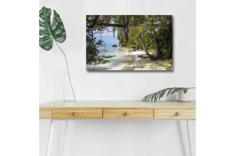 Lerretsbilde med LED-belysning - Tropisk strand med palmer og klart vann - Grønn / Blå / Beige - Innredning - Bilder & kunst - Lerretsbilder