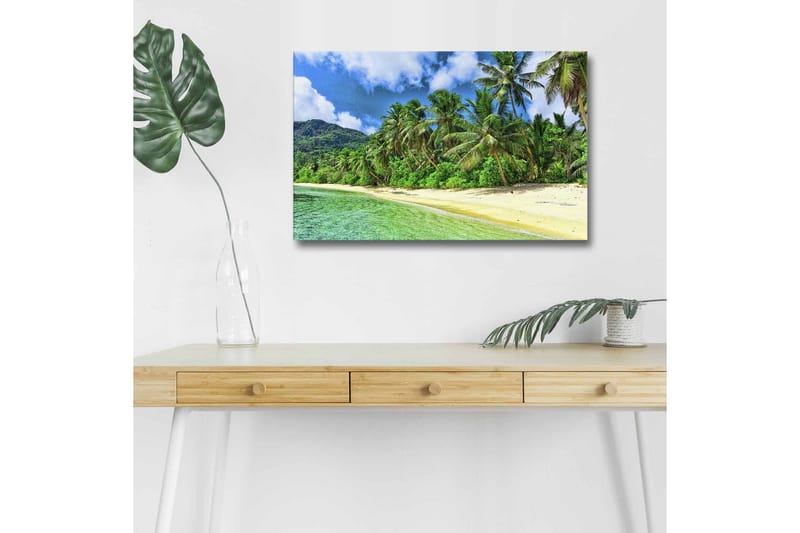 Lerretsbilde med LED-belysning - Tropisk strand med palmer og klart vann - Grønn / Blå / Sandfarget - Innredning - Bilder & kunst - Lerretsbilder