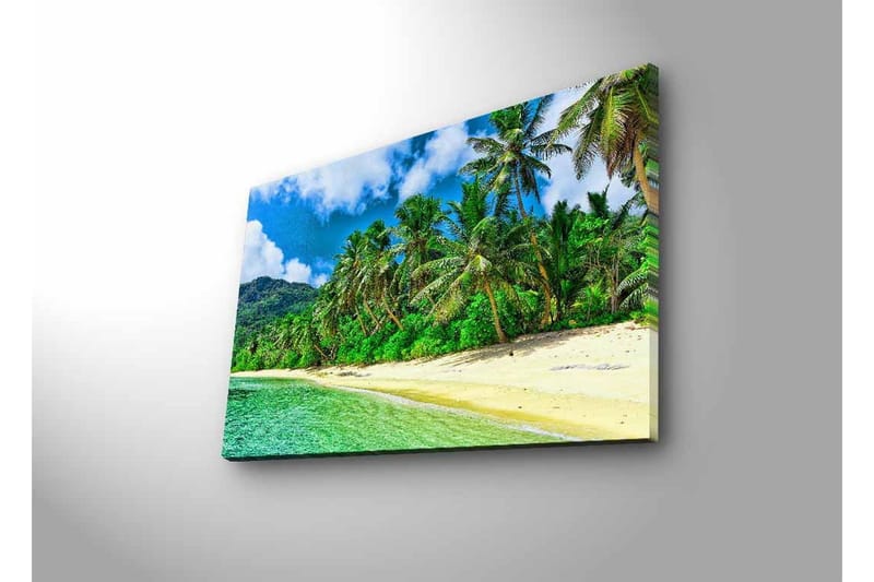 Lerretsbilde med LED-belysning - Tropisk strand med palmer og klart vann - Grønn / Blå / Sandfarget - Innredning - Bilder & kunst - Lerretsbilder
