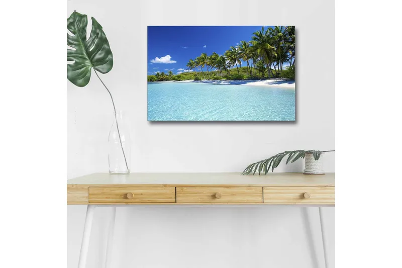 Lerretsbilde med LED-belysning - Tropisk strand med palmer og klart vann, Blå / Grønn / Hvit