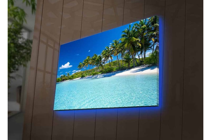 Lerretsbilde med LED-belysning - Tropisk strand med palmer og klart vann - Blå / Grønn / Hvit - Innredning - Bilder & kunst - Lerretsbilder