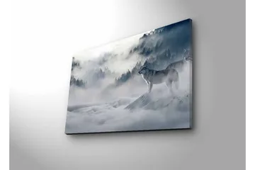 Lerretsbilde med LED-belysning - Ulv i tåkete skogsmiljø - Grå / Blå / Hvit - Innredning - Bilder & kunst - Lerretsbilder