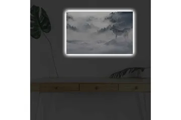 Lerretsbilde med LED-belysning - Ulv i tåkete skogsmiljø - Grå / Blå / Hvit - Innredning - Bilder & kunst - Lerretsbilder