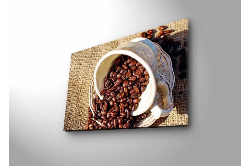 Lerretsbilde med LED-belysning - Utkast til en kopp med kaffebønner spredt over et jutestoff - Mørk brun / Beige - Innredning - Bilder & kunst - Lerretsbilder