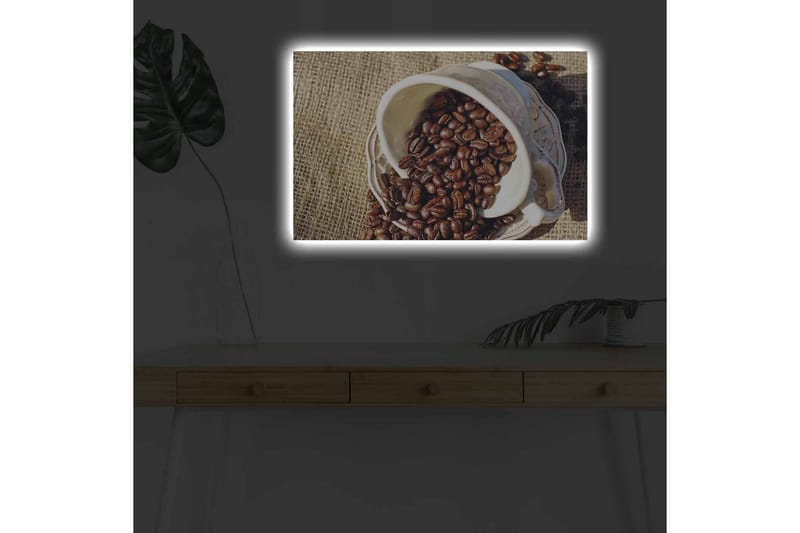 Lerretsbilde med LED-belysning - Utkast til en kopp med kaffebønner spredt over et jutestoff - Mørk brun / Beige - Innredning - Bilder & kunst - Lerretsbilder