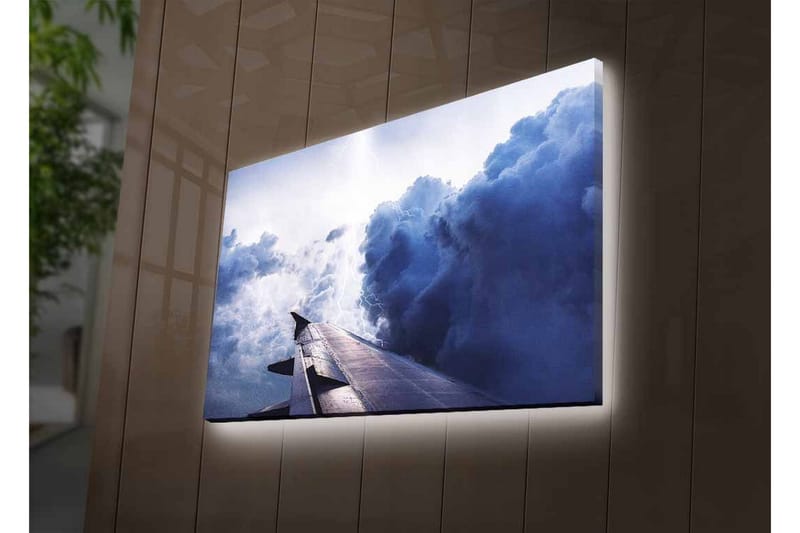 Lerretsbilde med LED-belysning - Utsikt fra en flyvinge mot dramatiske skyformasjoner - Mørk blå / Lys grå / Hvit - Innredning - Bilder & kunst - Lerretsbilder