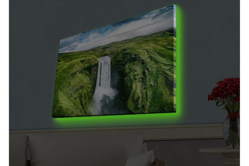 Lerretsbilde med LED-belysning - Vakker foss i en frodig dal - Grønn / Hvit / Blå - Innredning - Bilder & kunst - Lerretsbilder