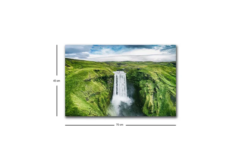 Lerretsbilde med LED-belysning - Vakker foss i en frodig dal - Grønn / Hvit / Blå - Innredning - Bilder & kunst - Lerretsbilder