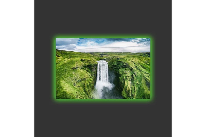 Lerretsbilde med LED-belysning - Vakker foss i en frodig dal - Grønn / Hvit / Blå - Innredning - Bilder & kunst - Lerretsbilder