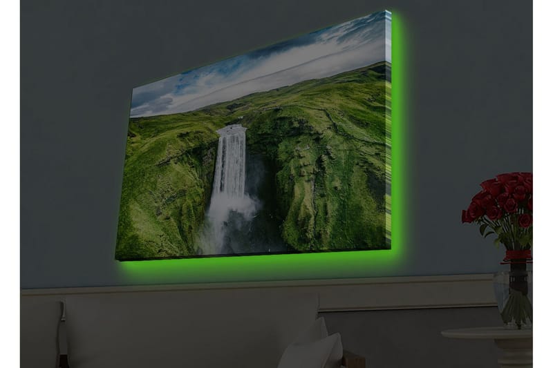 Lerretsbilde med LED-belysning - Vakker foss i en frodig dal - Grønn / Hvit / Blå - Innredning - Bilder & kunst - Lerretsbilder