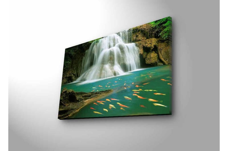 Lerretsbilde med LED-belysning - Vakker foss med svømmende karper i klart vann - Turkis / Grønn / Oransje - Innredning - Bilder & kunst - Lerretsbilder