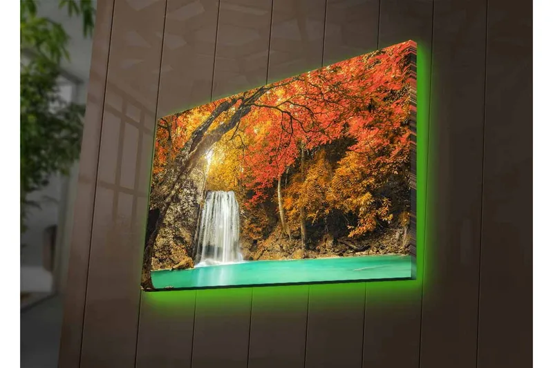 Lerretsbilde med LED-belysning - Vakker foss omgitt av høstfargede trær - Oransje / Grønn / Brun - Innredning - Bilder & kunst - Lerretsbilder