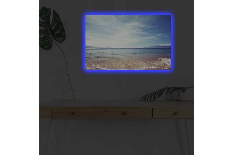 Lerretsbilde med LED-belysning - Vakker havutsikt med klar blå himmel og myke bølger - Blå / Beige / Hvit - Innredning - Bilder & kunst - Lerretsbilder