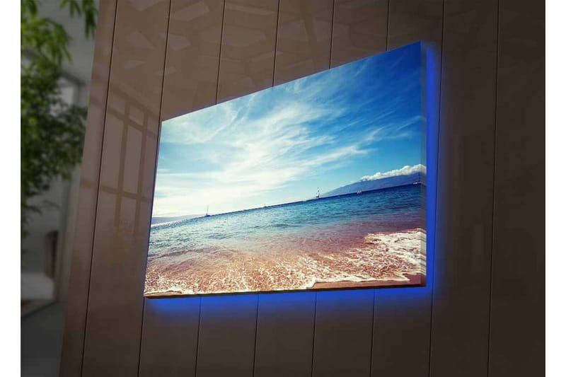 Lerretsbilde med LED-belysning - Vakker havutsikt med klar blå himmel og myke bølger - Blå / Beige / Hvit - Innredning - Bilder & kunst - Lerretsbilder