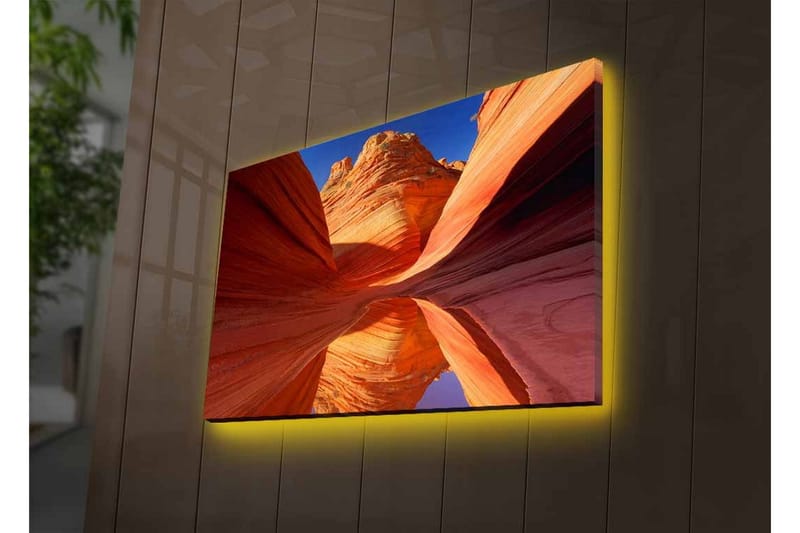 Lerretsbilde med LED-belysning - Vakker kløft med buede fjellvegger i varme nyanser - Rød / Oransje / Blå - Innredning - Bilder & kunst - Lerretsbilder