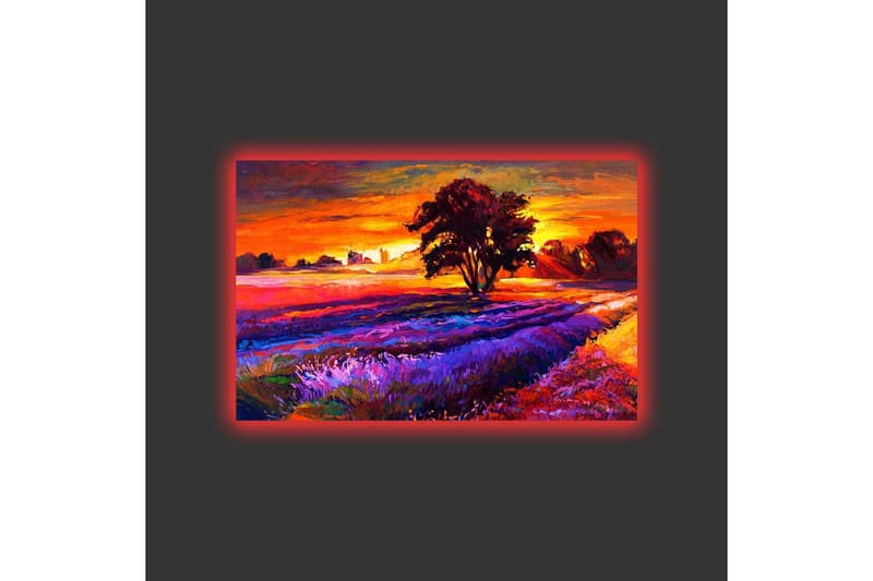Lerretsbilde med LED-belysning - Vakker landskapsutsikt med et stort tre i solnedgangens farger - Oransje / Lilla / Grønn - Innredning - Bilder & kunst - Lerretsbilder