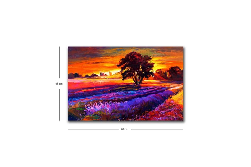 Lerretsbilde med LED-belysning - Vakker landskapsutsikt med et stort tre i solnedgangens farger - Oransje / Lilla / Grønn - Innredning - Bilder & kunst - Lerretsbilder