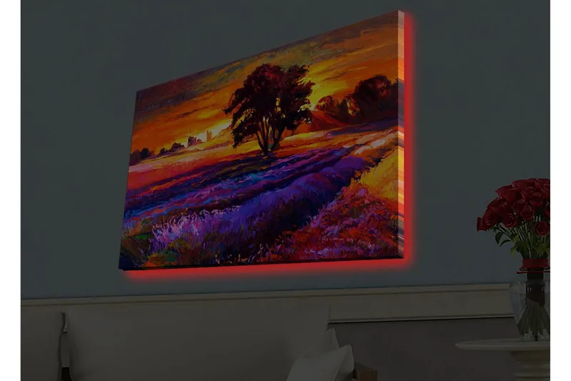 Lerretsbilde med LED-belysning - Vakker landskapsutsikt med et stort tre i solnedgangens farger - Oransje / Lilla / Grønn - Innredning - Bilder & kunst - Lerretsbilder