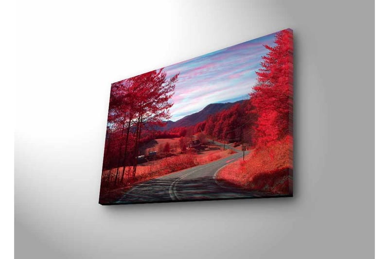 Lerretsbilde med LED-belysning - Vakker landskapsutsikt med røde trær og en svingete vei - Rød / Grå / Blå - Innredning - Bilder & kunst - Lerretsbilder