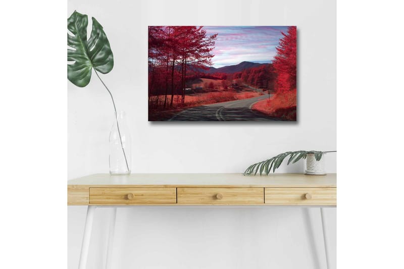 Lerretsbilde med LED-belysning - Vakker landskapsutsikt med røde trær og en svingete vei, Rød / Grå / Blå