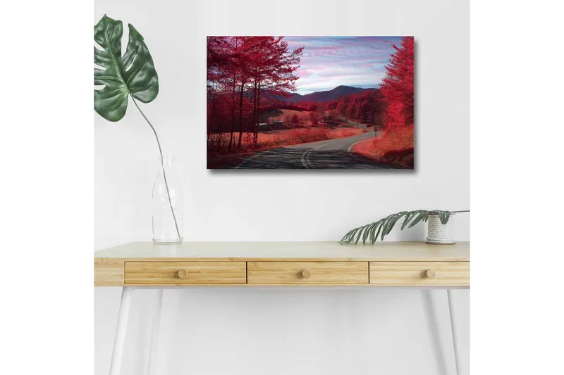 Lerretsbilde med LED-belysning - Vakker landskapsutsikt med røde trær og en svingete vei, Rød / Grå / Blå