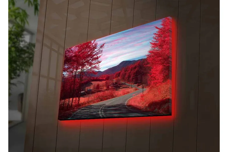 Lerretsbilde med LED-belysning - Vakker landskapsutsikt med røde trær og en svingete vei - Rød / Grå / Blå - Innredning - Bilder & kunst - Lerretsbilder