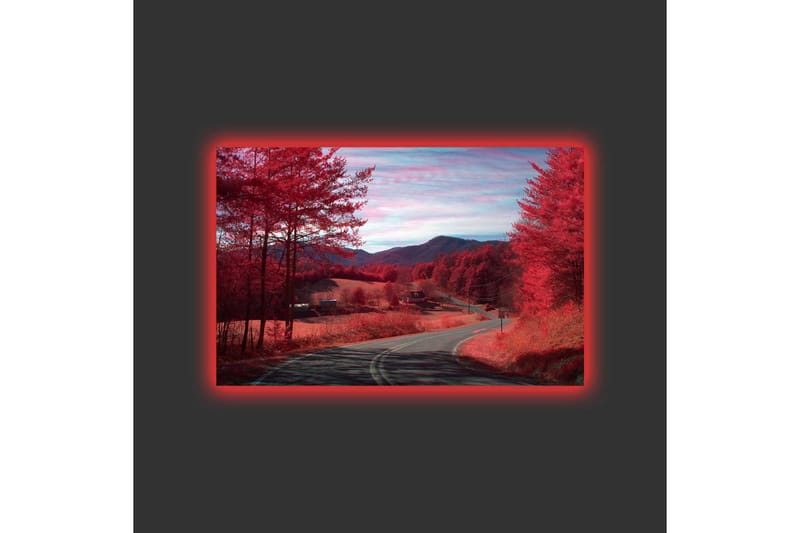 Lerretsbilde med LED-belysning - Vakker landskapsutsikt med røde trær og en svingete vei - Rød / Mørk rød - Innredning - Bilder & kunst - Lerretsbilder