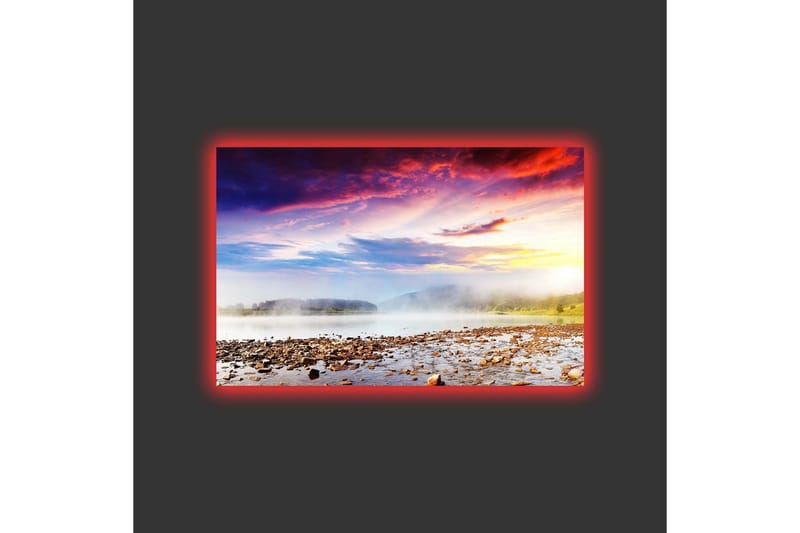 Lerretsbilde med LED-belysning - Vakker landskapsutsikt med soloppgang over en tåkete innsjø - Lilla / Oransje / Blå - Innredning - Bilder & kunst - Lerretsbilder
