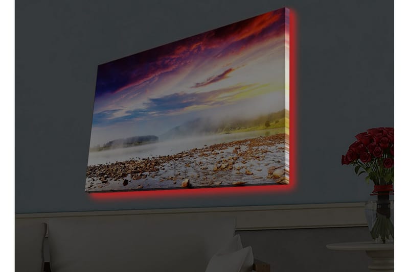 Lerretsbilde med LED-belysning - Vakker landskapsutsikt med soloppgang over en tåkete innsjø - Lilla / Oransje / Blå - Innredning - Bilder & kunst - Lerretsbilder