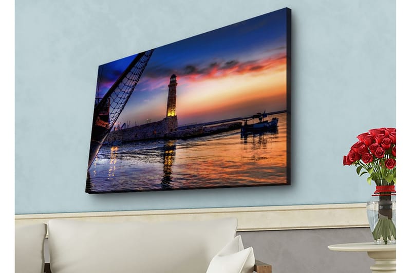 Lerretsbilde med LED-belysning - Vakker solnedgang over en havn med et fyrtårn og båter - Mørk blå / Oransje / Lilla - Innredning - Bilder & kunst - Lerretsbilder