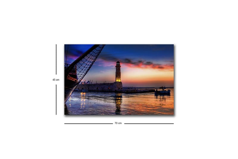 Lerretsbilde med LED-belysning - Vakker solnedgang over en havn med et fyrtårn og båter - Mørk blå / Oransje / Lilla - Innredning - Bilder & kunst - Lerretsbilder