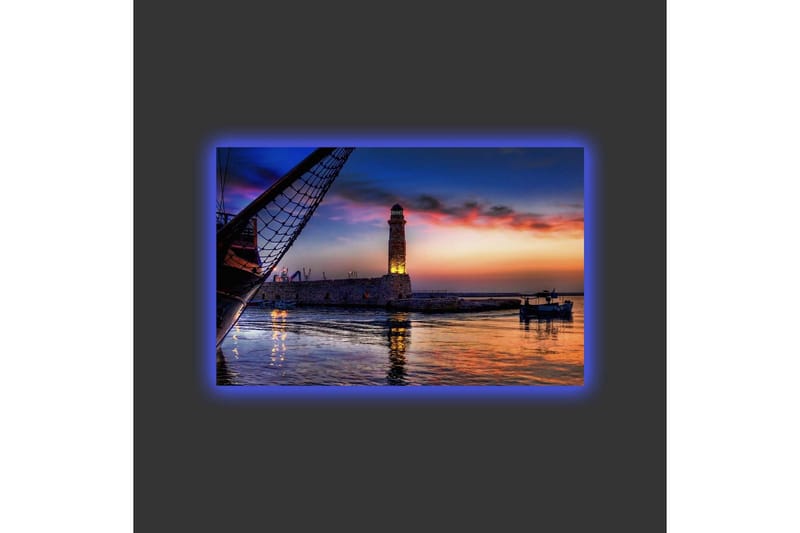 Lerretsbilde med LED-belysning - Vakker solnedgang over en havn med et fyrtårn og båter - Mørk blå / Oransje / Lilla - Innredning - Bilder & kunst - Lerretsbilder