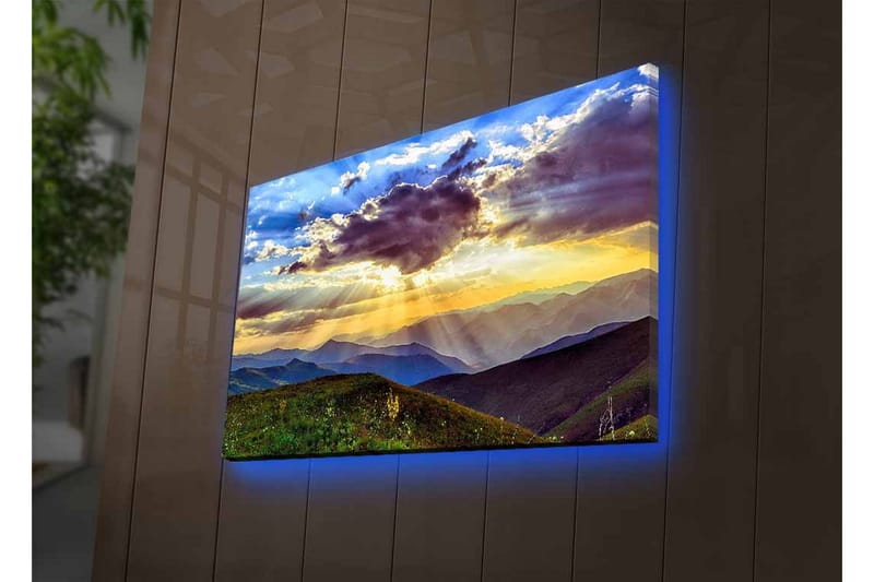 Lerretsbilde med LED-belysning - Vakker solnedgang over fjell og daler - Blå / Oransje / Grønn - Innredning - Bilder & kunst - Lerretsbilder