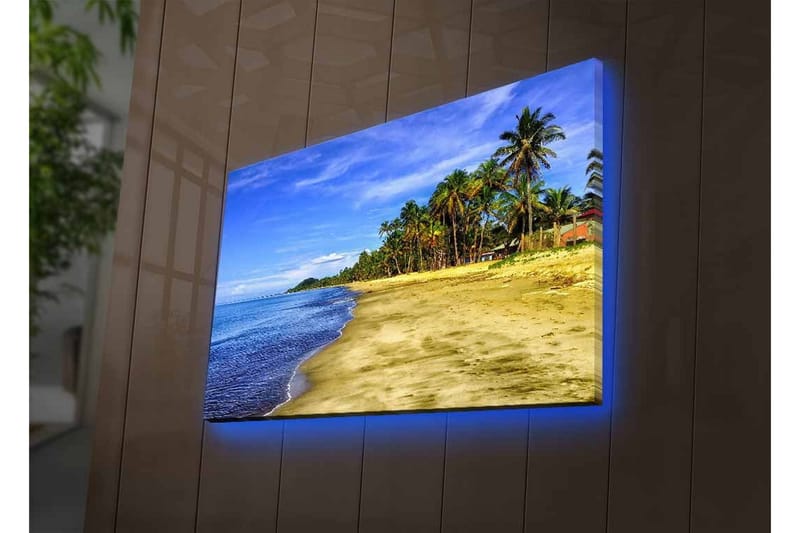 Lerretsbilde med LED-belysning - Vakker strand med palmer og klar blå himmel - Blå / Grønn / Beige - Innredning - Bilder & kunst - Lerretsbilder