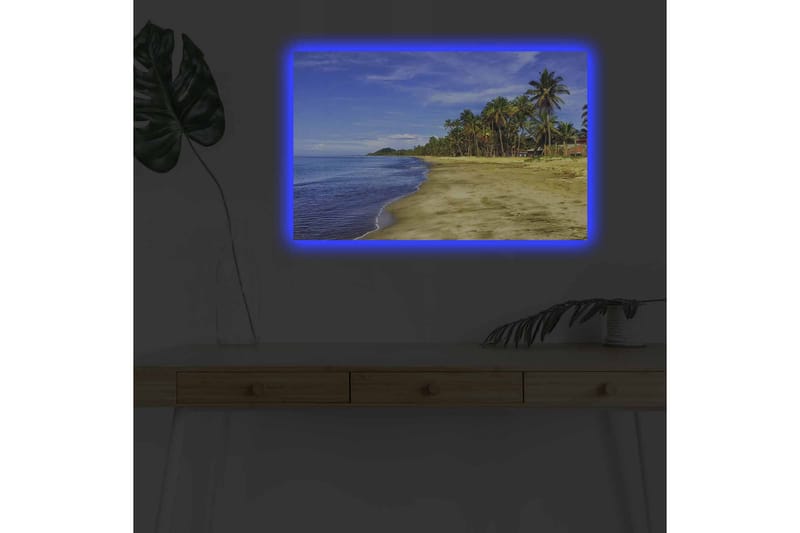 Lerretsbilde med LED-belysning - Vakker strand med palmer og klar blå himmel - Blå / Grønn / Beige - Innredning - Bilder & kunst - Lerretsbilder