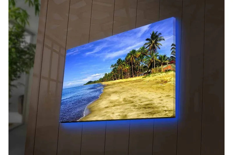 Lerretsbilde med LED-belysning - Vakker strand med palmer og klar blå himmel - Blå / Grønn / Beige - Innredning - Bilder & kunst - Lerretsbilder