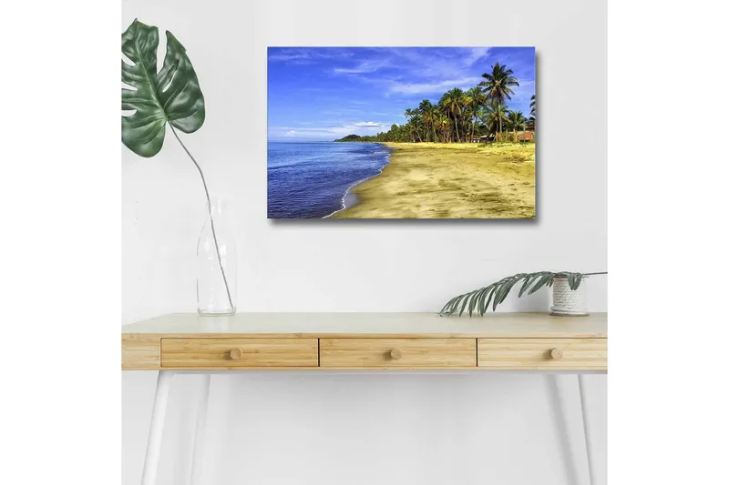 Lerretsbilde med LED-belysning - Vakker strand med palmer og klar blå himmel, Blå / Grønn / Beige