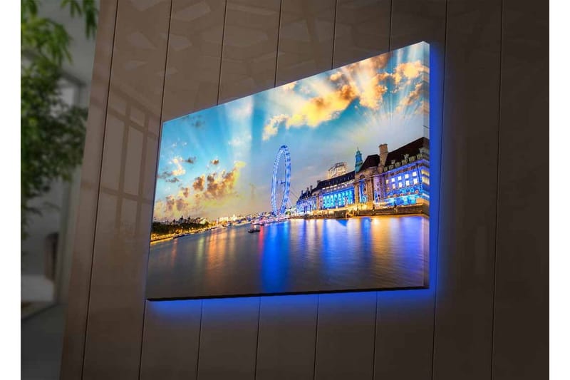 Lerretsbilde med LED-belysning - Vakker utsikt over en by ved vannkanten med et stort pariserhjul og fargerike bygninger - Blå / Gul / Hvit - Innredning - Bilder & kunst - Lerretsbilder