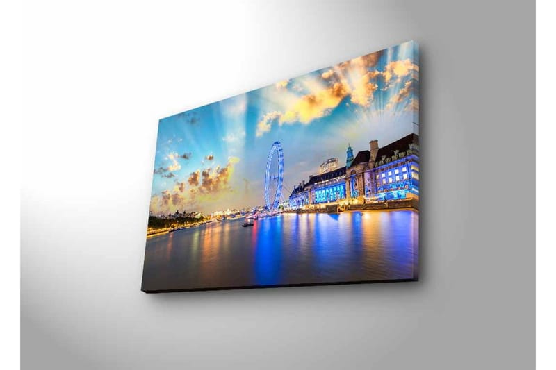 Lerretsbilde med LED-belysning - Vakker utsikt over en by ved vannkanten med et stort pariserhjul og fargerike bygninger - Blå / Gul / Hvit - Innredning - Bilder & kunst - Lerretsbilder