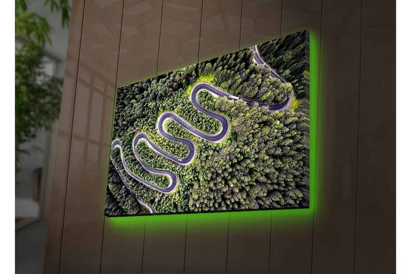 Lerretsbilde med LED-belysning - Vakker utsikt over en svingete vei gjennom tett, frodig skog - Grønn / Grå / Svart - Innredning - Bilder & kunst - Lerretsbilder